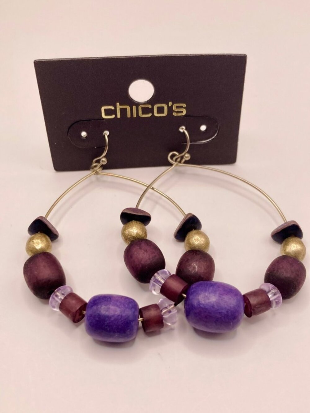 Chicos Beaded Hoop Earrings Purple Gold & Wood Accents -39B